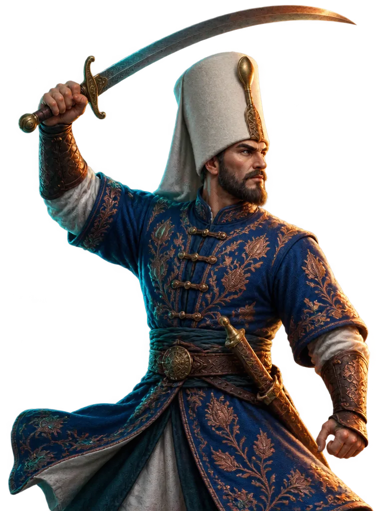 Seorang Borkguard bertopi bork putih tinggi mengangkat kilij, kaftan kobalt bersulamnya berkibar.