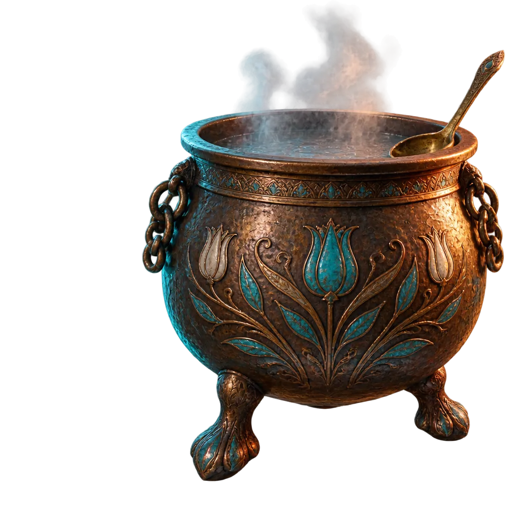 Kuali perunggu guild berkaki tiga, perutnya diukir daun saz dan tulip bersisip glasir turquoise, gagangnya mata rantai, uap tipis naik dari isinya.